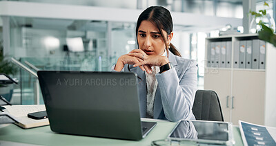 Buy stock photo Woman, stress and reading laptop in office for business, clerical error and problem solving. Accountant, technology and worry in firm for account fraud, budget mistake and investment returns decrease