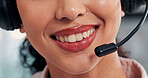 Headset, smile and mouth of call center consultant in office for crm consultation with inbound service. Happy, mic and closeup of female customer experience agent with contact us for lead generation.