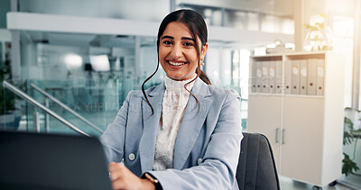 Buy stock photo Laptop, smile and portrait with business woman in office for insurance broker, policy benefits or risk assessment. Research, client claims and liability portfolio with person in agency for compliance