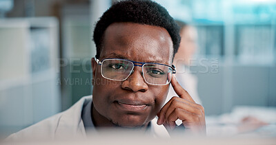 Buy stock photo Thinking, black man and scientist on computer in lab for planning, medical study or solution of virus. Person, research and ideas for problem solving, feedback update and healthcare report of vaccine