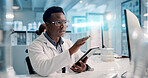 Scientist, reading or man with computer in lab for medical research, DNA discovery and genes innovation, Studying, tablet and science with pharmaceutical report for futuristic genetic development