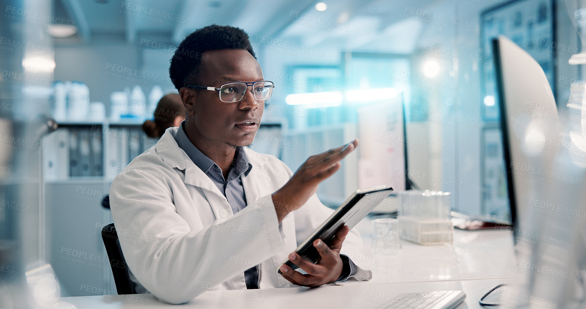 Buy stock photo Scientist, reading or man with computer in lab for medical research, DNA discovery and genes innovation. Studying, tablet and science with pharmaceutical report for futuristic genetic development