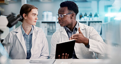 Buy stock photo Tablet, scientist and team discussion for research results, healthcare innovation and test. Technology, medical science and collaboration with people in laboratory for planning chemistry experiment