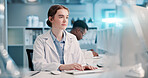Computer, reading and woman in laboratory for research, development or science ideas. Online analytics, vaccine and female scientist on website for medical study, internship and biotech engineering