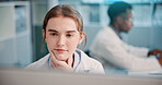 Thinking, woman and scientist on computer in lab for planning, medical study and solution of virus. Person, thoughts and problem solving with ideas, feedback update and healthcare report for vaccine