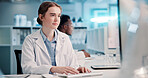 Computer, woman and scientist typing in laboratory for medical research, discovery or innovation, Tech, science and female biologist with pharmaceutical report for futuristic genetic development.