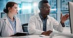 Computer, scientist and team discussion for medical healthcare, pharma innovation and test. Tablet, science research and collaboration with people in laboratory for planning chemistry experiment