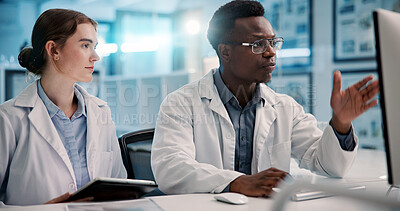 Buy stock photo Computer, scientist and team discussion for medical healthcare, pharma innovation and test. Tablet, science research and collaboration with people in laboratory for planning chemistry experiment