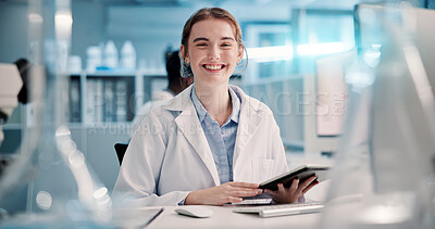 Buy stock photo Science, tablet or portrait of happy woman in lab for medical research, discovery or genes innovation. Smile, girl or scientist intern with pharmaceutical report online for future genetic development