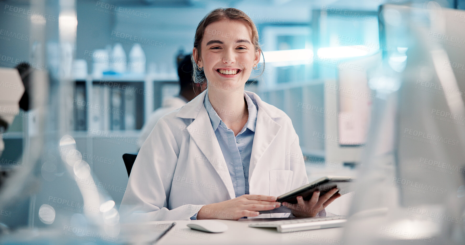 Buy stock photo Science, tablet or portrait of happy woman in lab for medical research, discovery or genes innovation. Smile, girl or scientist intern with pharmaceutical report online for future genetic development