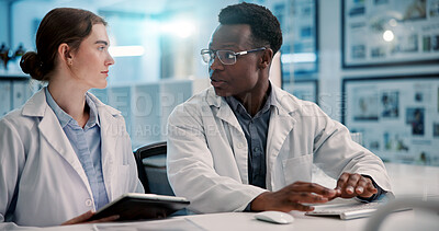 Buy stock photo Tablet, scientist and team talking for medical healthcare, problem solving and planning. Technology, science research and collaboration with people in laboratory for chemistry experiment on computer