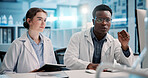 Science, computer and people in meeting in lab for medical research, study and vaccine development. Healthcare, pharmaceutical and scientist team on pc for medicine, collaboration and discovery