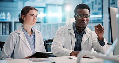 Buy stock photo Science, computer and people in meeting in lab for medical research, study and vaccine development. Healthcare, pharmaceutical and scientist team on pc for medicine, collaboration and discovery