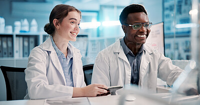 Buy stock photo Tablet, scientist and team talking in lab for medical breakthrough, innovation or deadline. Smile, science research or collaboration with people for chemistry experiment, test or development at night