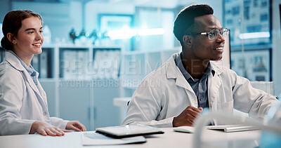 Buy stock photo Smile, science team and research in laboratory for medical breakthrough, innovation and solution. Scientist, discovery and collaboration with people for chemistry experiment, test and development