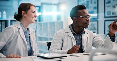 Buy stock photo Laboratory, scientist and team talking for medical healthcare, problem solving or planning at night. Smile, science research or collaboration with people for chemistry experiment, test or deadline