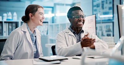 Buy stock photo Science, excited and people on computer in lab for discovery, breakthrough and vaccine development. Healthcare, pharmaceutical and man and woman on pc celebrate for medical research, cure or medicine