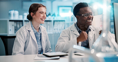 Buy stock photo Science, lab and scientists fist pump on computer for discovery, breakthrough and vaccine development. Healthcare, biology and man and woman on pc celebrate for medical research, cure and medicine