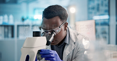 Buy stock photo Microscope, black man and scientist in laboratory with goggles for medical research, discovery or project. Biotechnology, science and African biologist with equipment for DNA review for innovation.