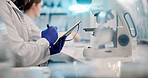 Hands, writing or scientist with tablet in laboratory for medical research, discovery or genes innovation, Person, science or biologist with pharmaceutical report for futuristic genetic development 