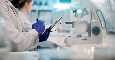 Buy stock photo Hands, writing or scientist with tablet in laboratory for medical research, discovery or genes innovation, Person, science or biologist with pharmaceutical report for futuristic genetic development 