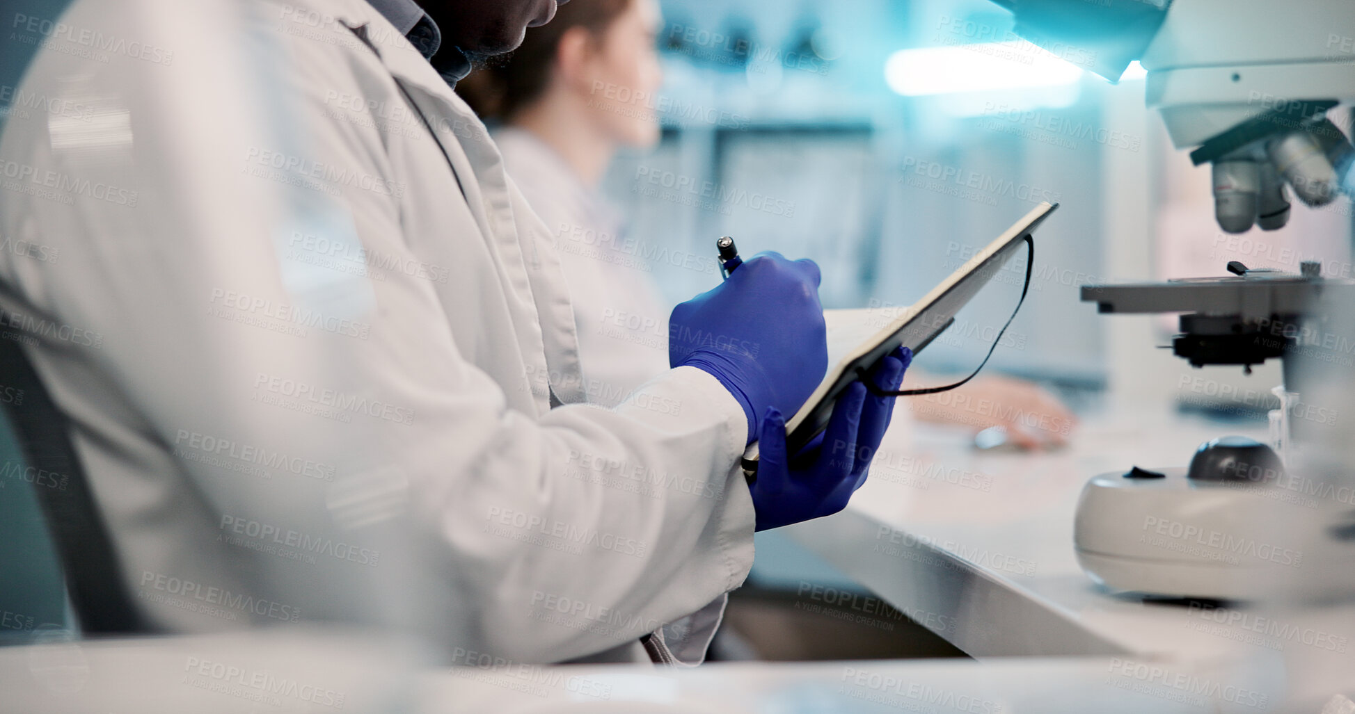 Buy stock photo Scientist, writing and hands with notebook in laboratory for microscopic analysis, medical research and findings. Science, person and pharmaceutical report for genes innovation or genetic development