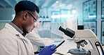 Reading, man or scientist on tablet to study in lab for medical research, discovery or genes innovation, Microscope, science or biologist with pharmaceutical report or futuristic genetic development