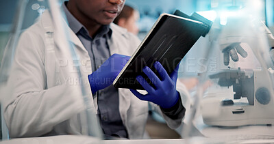 Buy stock photo Hands, gloves or scientist with tablet in laboratory for medical research, discovery or genes innovation, Person, science or biologist with pharmaceutical report for futuristic genetic development 