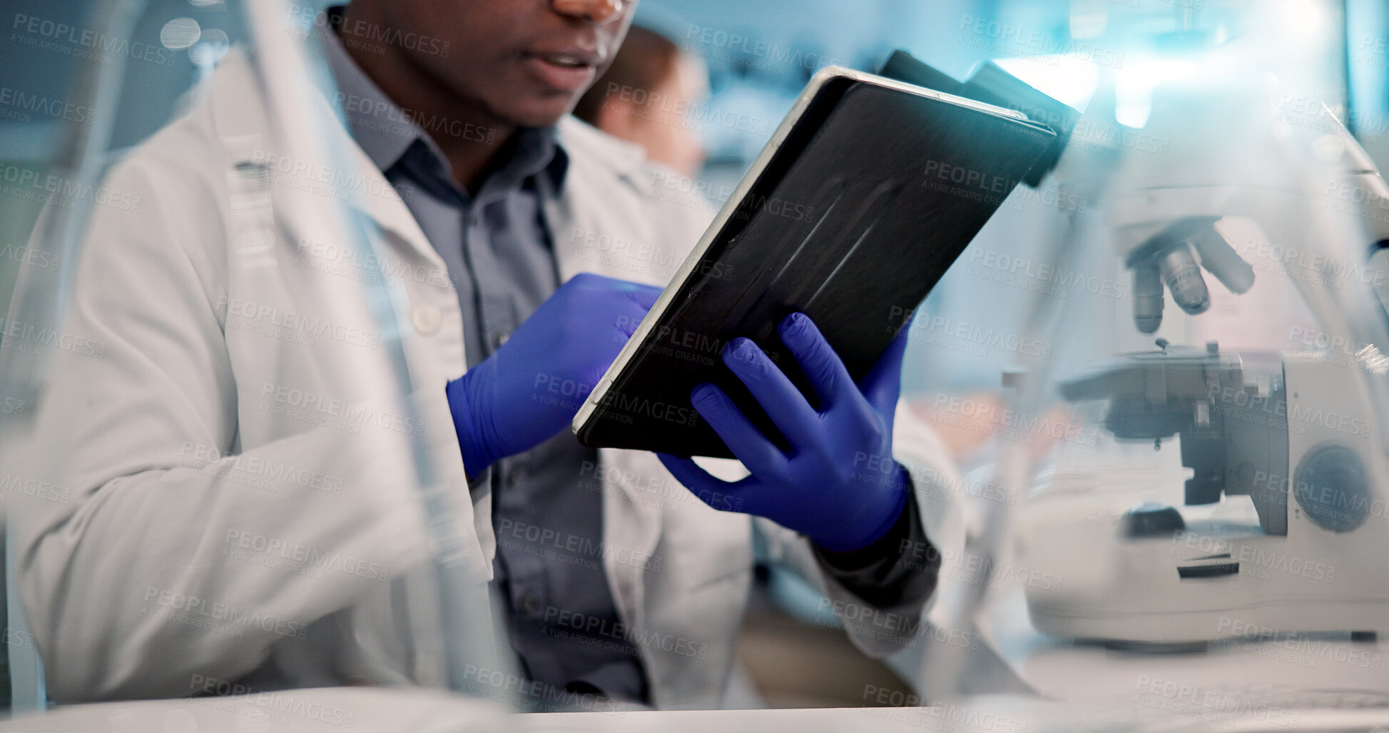 Buy stock photo Hands, gloves or scientist with tablet in laboratory for medical research, discovery or genes innovation, Person, science or biologist with pharmaceutical report for futuristic genetic development 