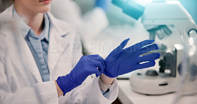 Buy stock photo Scientist, hands and gloves in lab for healthcare, preparation and protection in experiment. Biologist person, medical researcher and PPE for safety, science and medicine development with compliance