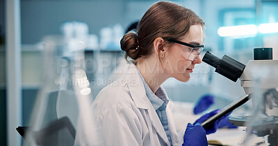 Buy stock photo Microscope, woman and scientist in laboratory for medical research, discovery or project on organisms. Biotechnology, goggles and female biologist with equipment for DNA review for innovation.