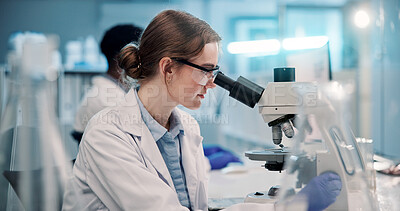 Buy stock photo Science, microscope and woman in laboratory for research, development or inspection. Vaccine analytics, medicine and scientist with equipment for medical study, internship and biotech engineering