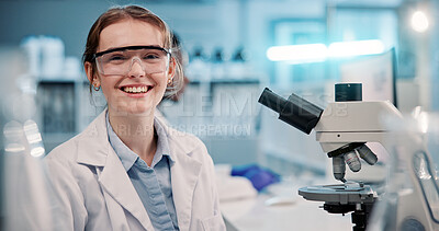 Buy stock photo Science, microscope and portrait of woman in laboratory for research, development or internship. Confidence, medicine and scientist with equipment for medical study, innovation or biotech engineering