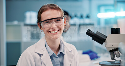 Buy stock photo Smile, microscope and portrait of woman in laboratory for science, development or internship. Confidence, research and scientist with equipment for medical study, innovation or biotech engineering