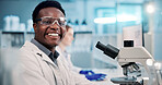 Smile, microscope and portrait of man in laboratory for science, development or test. Confidence, research and African scientist with equipment for medical study, innovation or biotech engineering