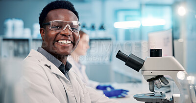 Buy stock photo Smile, microscope and portrait of man in laboratory for science, development or test. Confidence, research and African scientist with equipment for medical study, innovation or biotech engineering