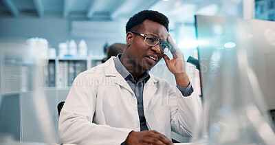 Buy stock photo Computer, man and doctor with headache for burnout, medical compliance and stress in healthcare. Hospital, male person and physician with migraine for diagnosis mistake, fatigue and pain in clinic