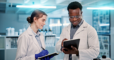 Buy stock photo Tablet, scientist and team discussion for results, pharma innovation or writing research notes at night. Tech, medical science or collaboration with people in lab for planning chemistry experiment