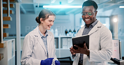 Buy stock photo Tablet, scientist and team with research results, pharma innovation and happy for discovery. Technology, medical science or internship collaboration with people in lab planning chemistry experiment