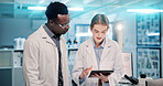 Tablet, scientist and team with medical results, pharma innovation or discussion at night. Technology, science or collaboration with people in laboratory for planning chemistry experiment or research