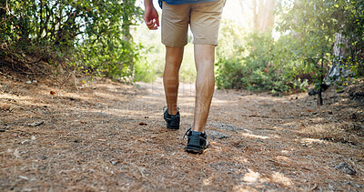Buy stock photo Nature, back and legs of man with hiking for adventure, trekking and travel. Mountain woods, fitness and male person on trail for wellness, fresh air and exercise to explore outdoor environment