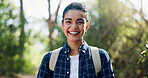 Hiking, happy and portrait of woman on mountain with backpack for adventure, trekking and travel. Nature, fitness and person with smile for wellness, fresh air and exercise to explore outdoors