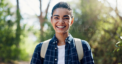 Buy stock photo Hiking, happy and portrait of woman on mountain with backpack for adventure, trekking and travel. Nature, fitness and person with smile for wellness, fresh air and exercise to explore outdoors