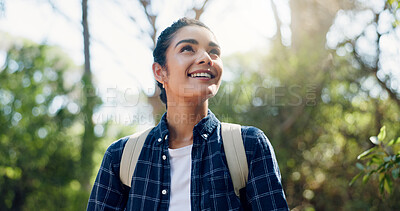 Buy stock photo Thinking, hiking and woman with smile, travel and contemplation with fitness, hobby and wonder. Outdoor, hiker and happy person in forest, vacation activity or sightseeing with environment or explore
