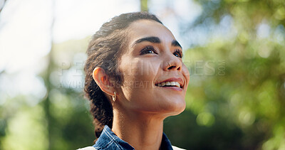 Buy stock photo Thinking, hiking and woman with smile, explore and contemplation with wonder, hobby and travel. Reflection, hiker and person in forest, vacation activity and sightseeing with environment and trekking