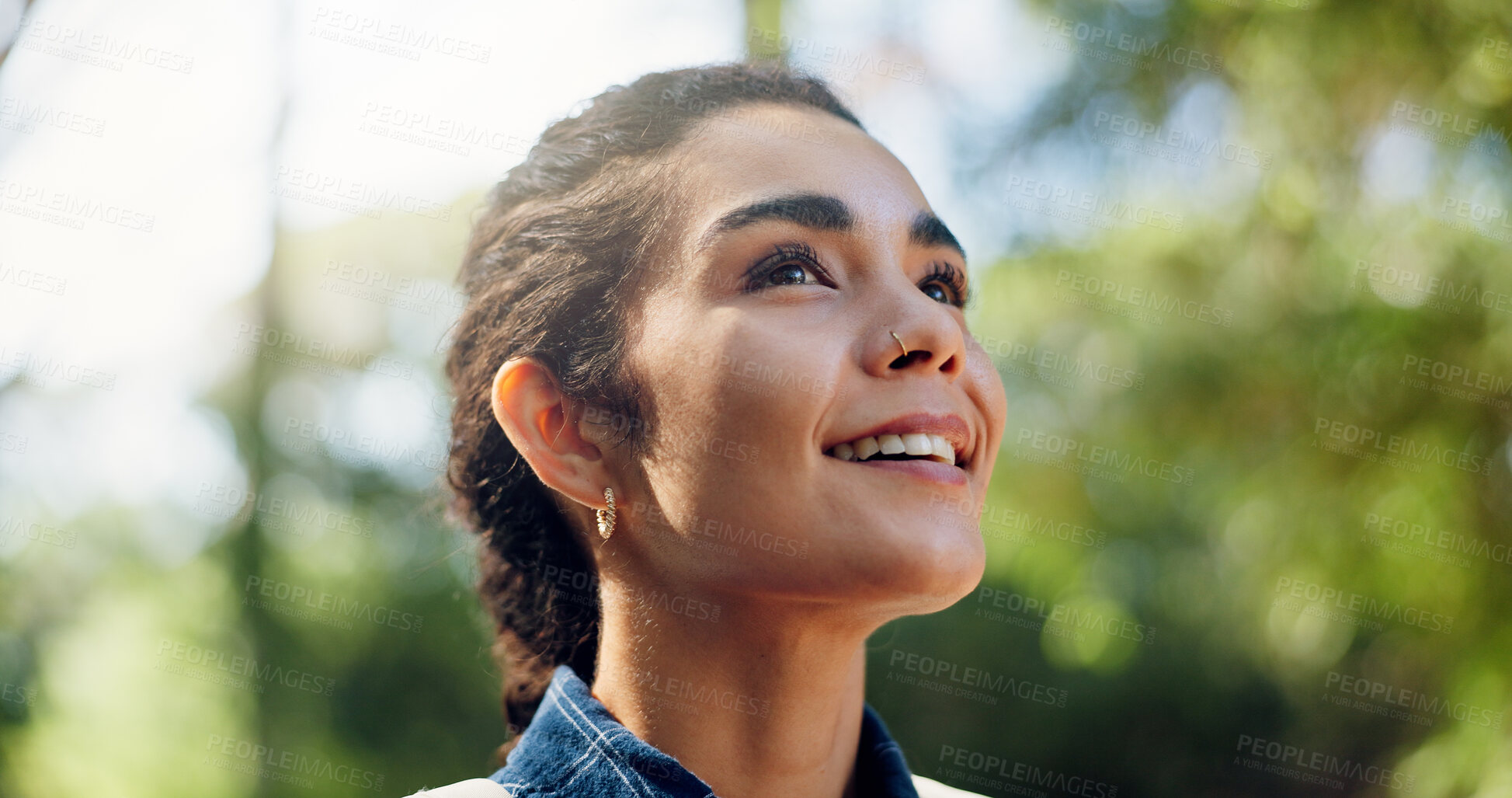Buy stock photo Thinking, hiking and woman with smile, explore and contemplation with wonder, hobby and travel. Reflection, hiker and person in forest, vacation activity and sightseeing with environment and trekking