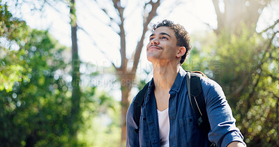 Buy stock photo Thinking, hiking and man with nature, explore and contemplation with fitness, wonder and holiday. Trekking, hiker and happy person in forest, vacation or sightseeing with environment, break or travel