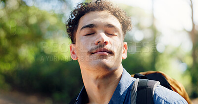 Buy stock photo Calm man, hiker and breathing with fresh air in nature for natural oxygen, hiking or outdoor journey. Male person, tourist or explore with sensation for vital health, adventure or trekking trip