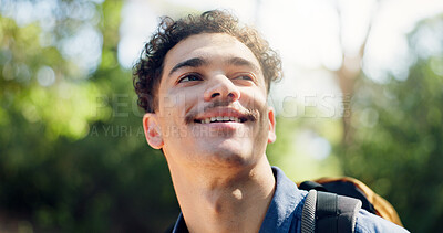 Buy stock photo Thinking, hiking and man with nature, smile and contemplation with fitness, hobby and travel. Outdoor, hiker and happy person in forest, vacation activity and sightseeing with environment and wonder