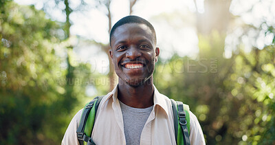 Buy stock photo Hiking, happy and portrait of black man on mountain with backpack for adventure, trekking and travel. Nature, fitness and person with smile for wellness, fresh air and exercise to explore outdoors